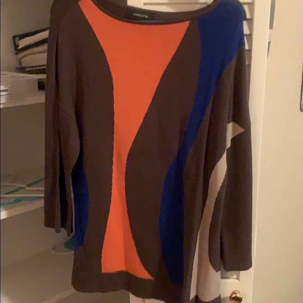 Great brown sweater with orange and blue pattern